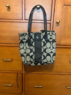 Coach Canvas Tote in Khaki and Black with Signature C Print